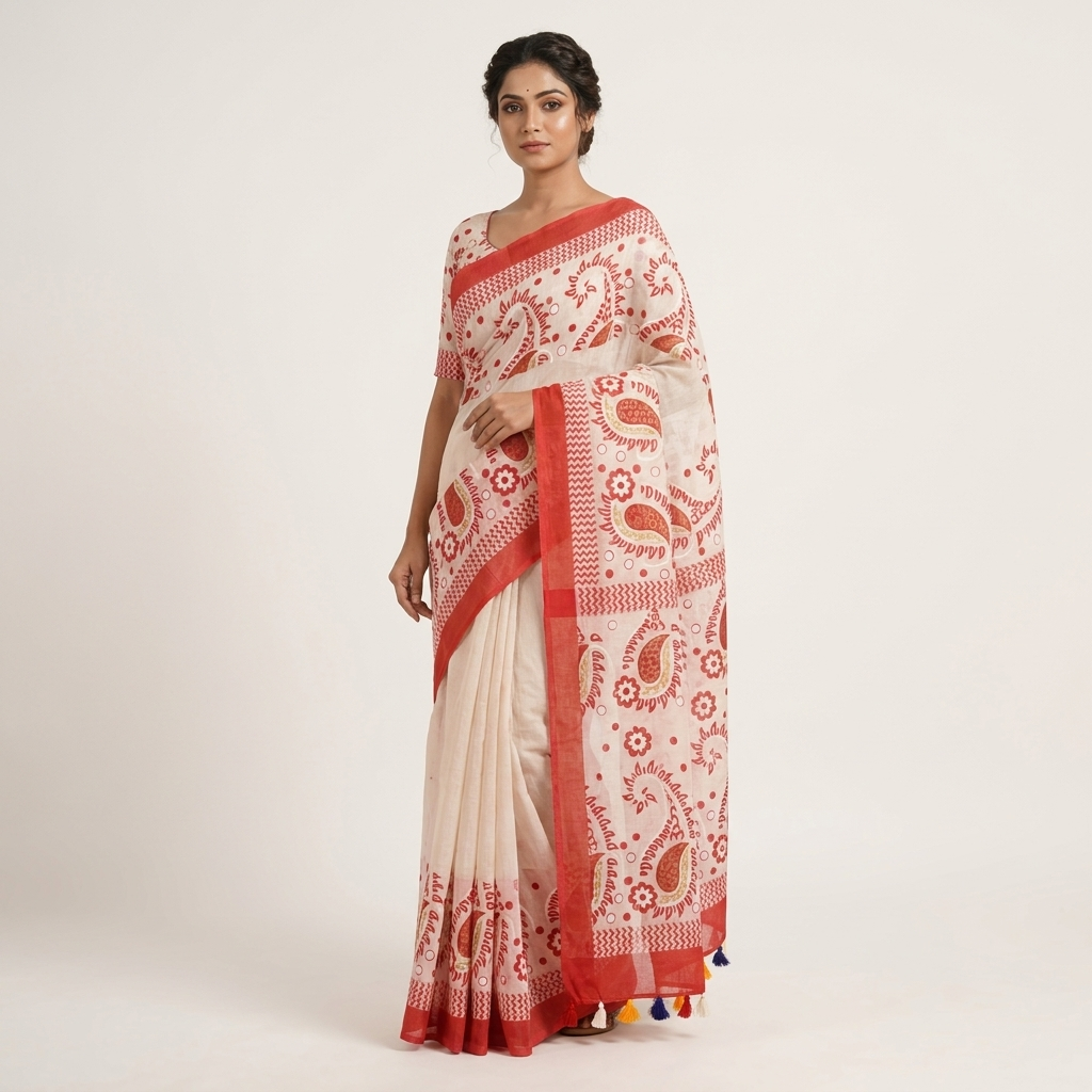 Red and Cream Silk Jamdani Saree for Women with Elegant Paisley Motifs