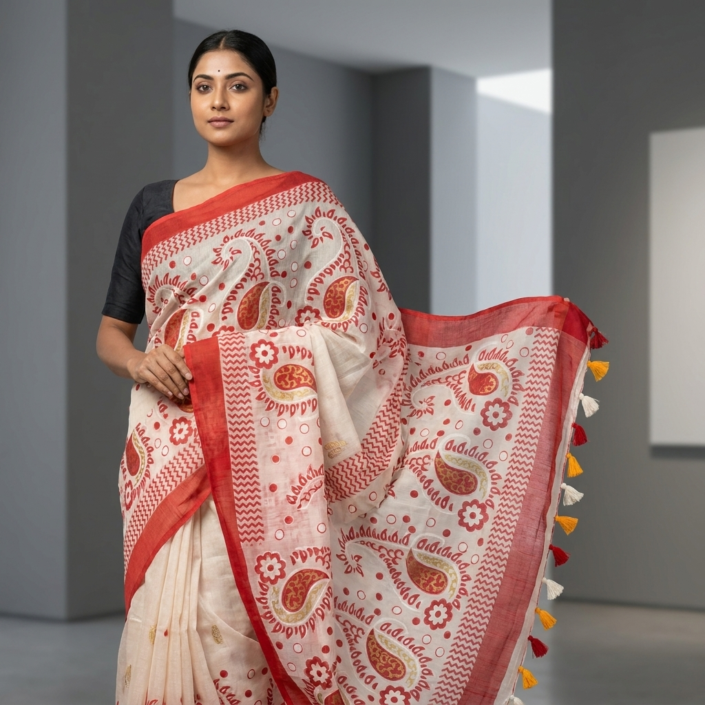 Red and Cream Silk Jamdani Saree for Women with Elegant Paisley Motifs