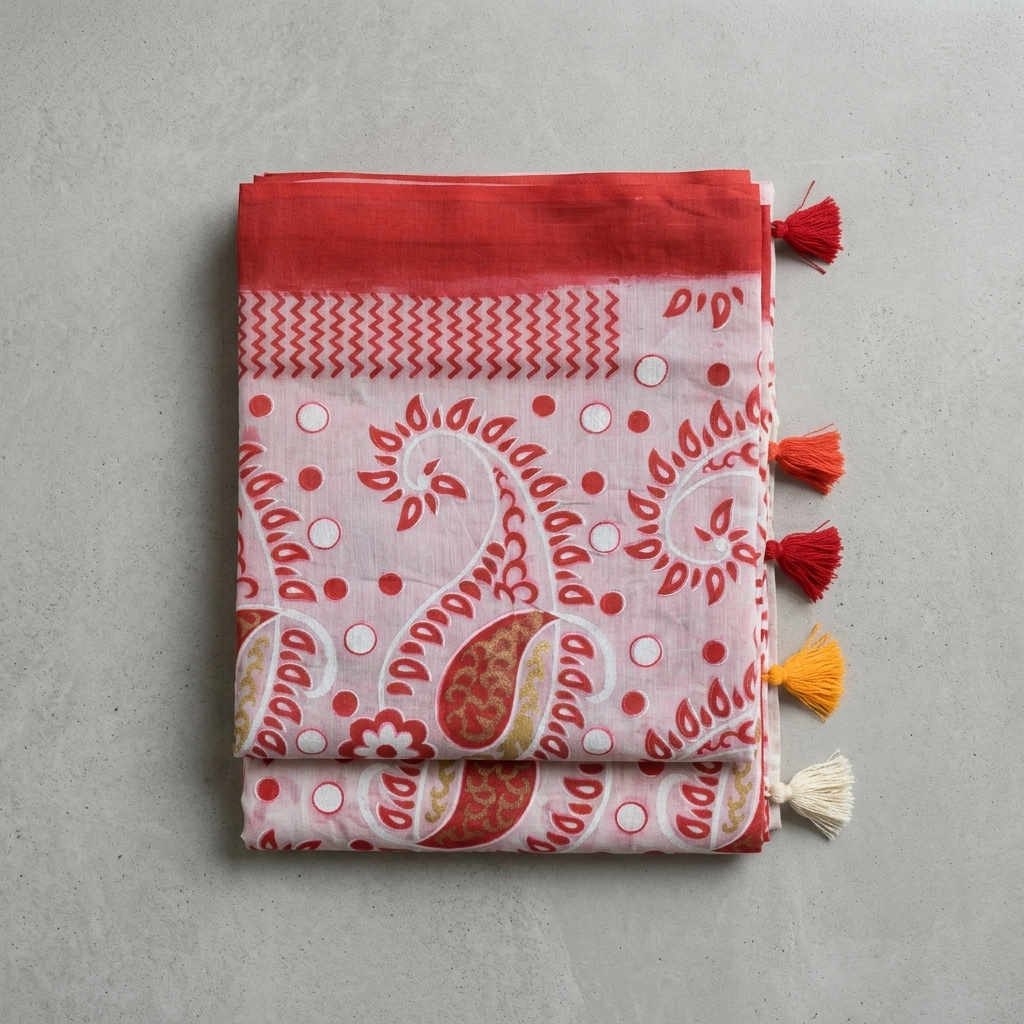 Red and Cream Silk Jamdani Saree for Women with Elegant Paisley Motifs
